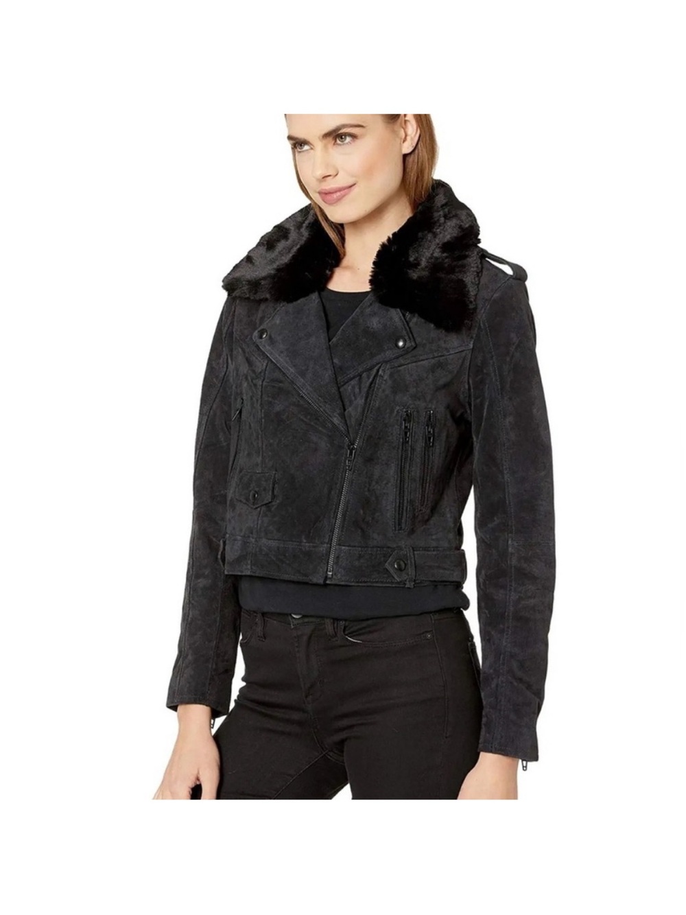 Blank NYC Black Suede Moto Jacket with Faux Fur Collar